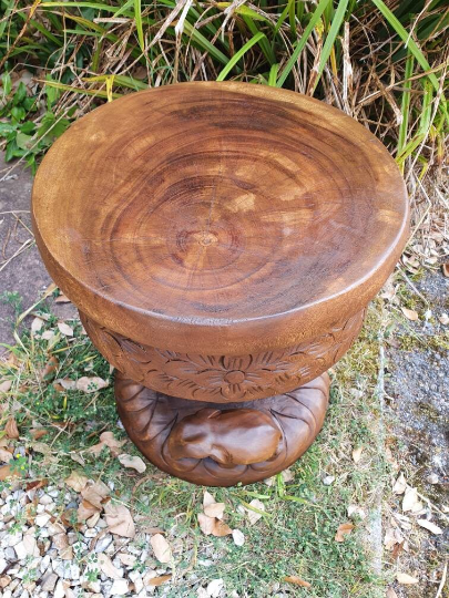 Thumbnail: Large hand carved Elephant forest side table, three elephants walking around under canopy of a tree, waxed finish