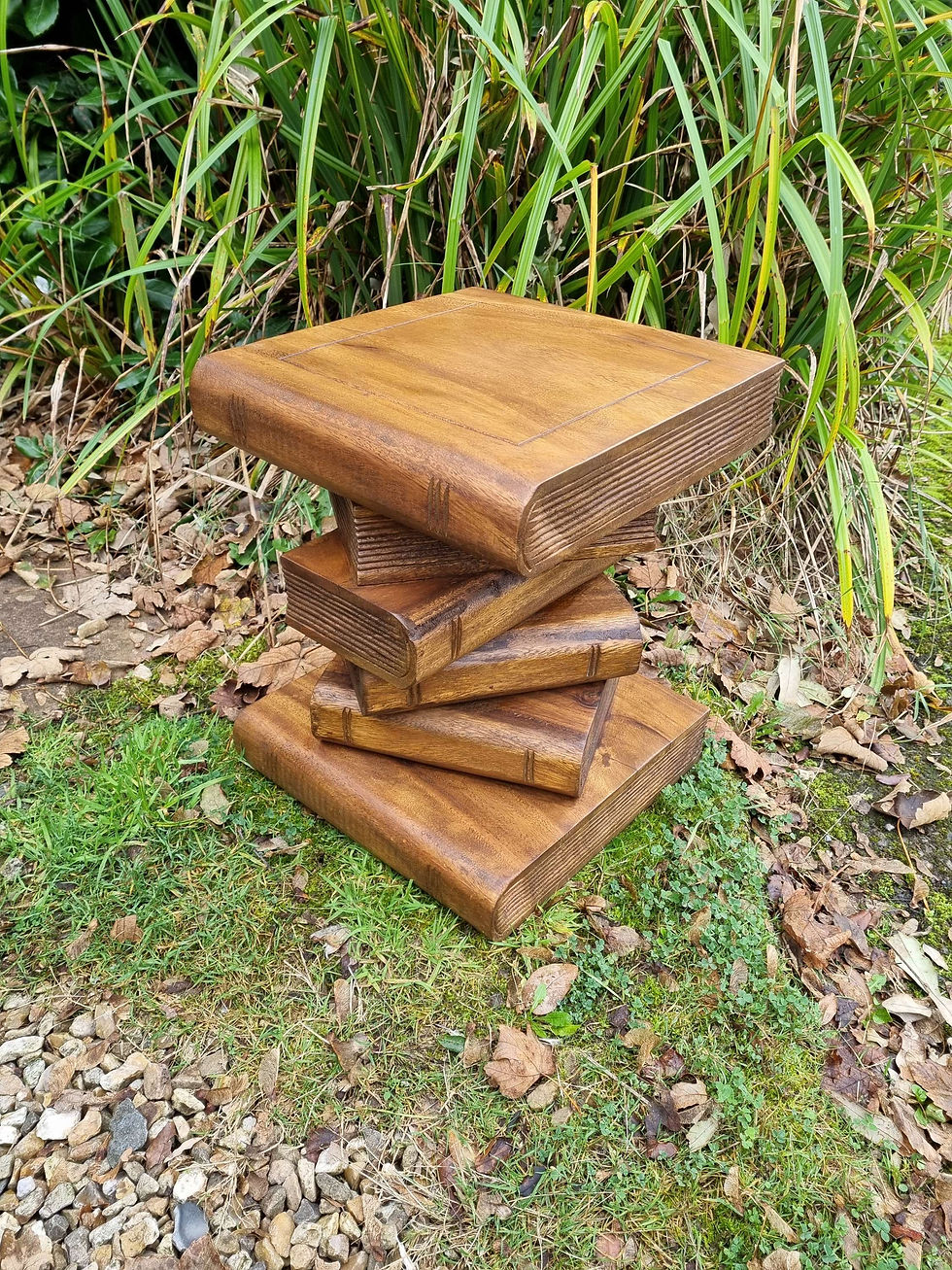 Thumbnail: bookstack side table, 16" tall, hand carved, solid wood, waxed finish, shown from different angles