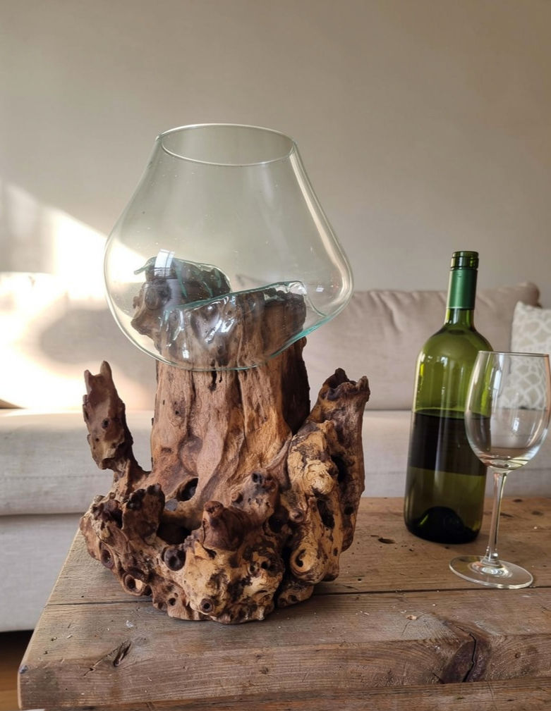large melted glass bowl on rustic teak root base, shown from different angles