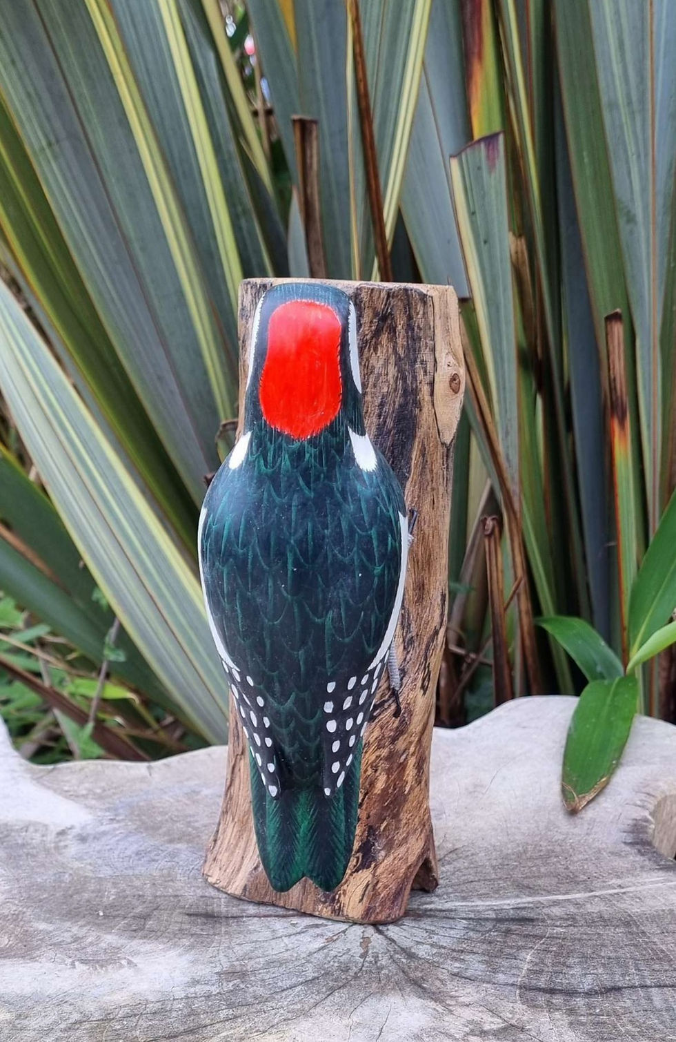 Thumbnail: Painted woodpecker on tree stump behind view