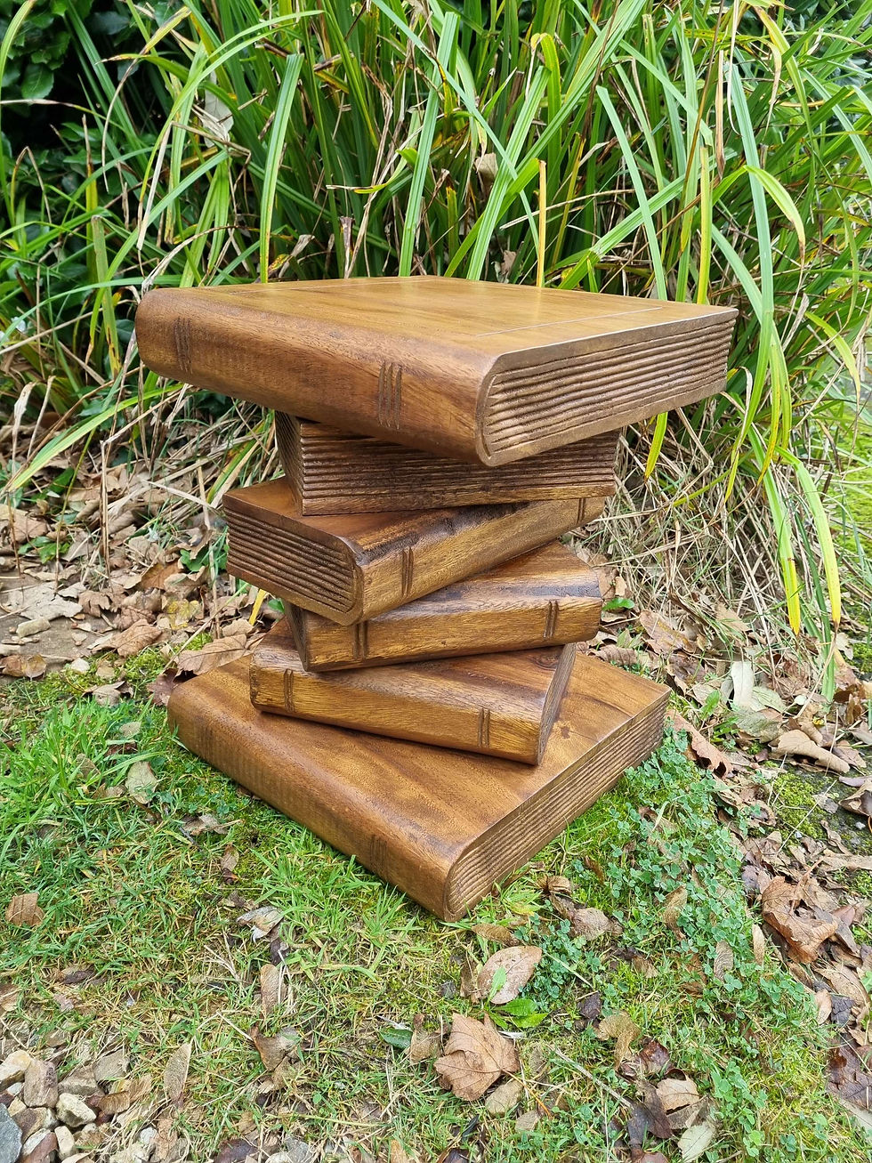 Thumbnail: bookstack side table, 16" tall, hand carved, solid wood, waxed finish, shown from different angles