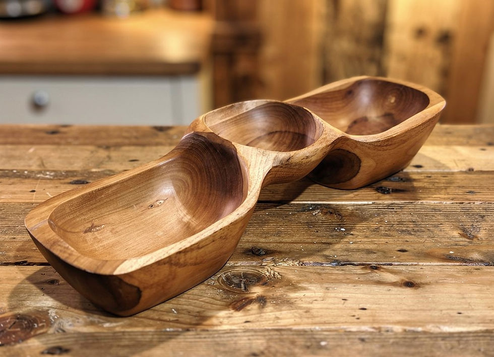 teak root triple bowl, handcrafted, reclaimed wood, shown from different angles