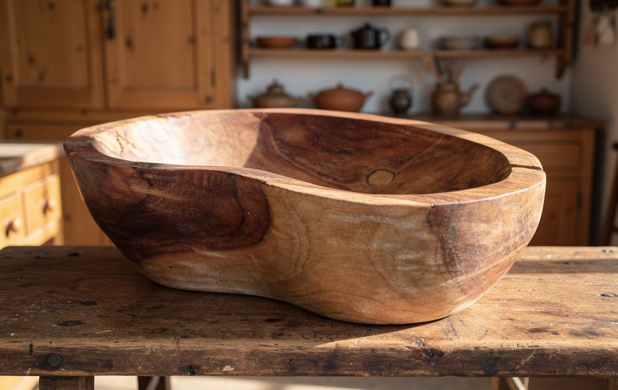 chunky teak root oval shape bowl, hand carved, solid wood, shown from different angles