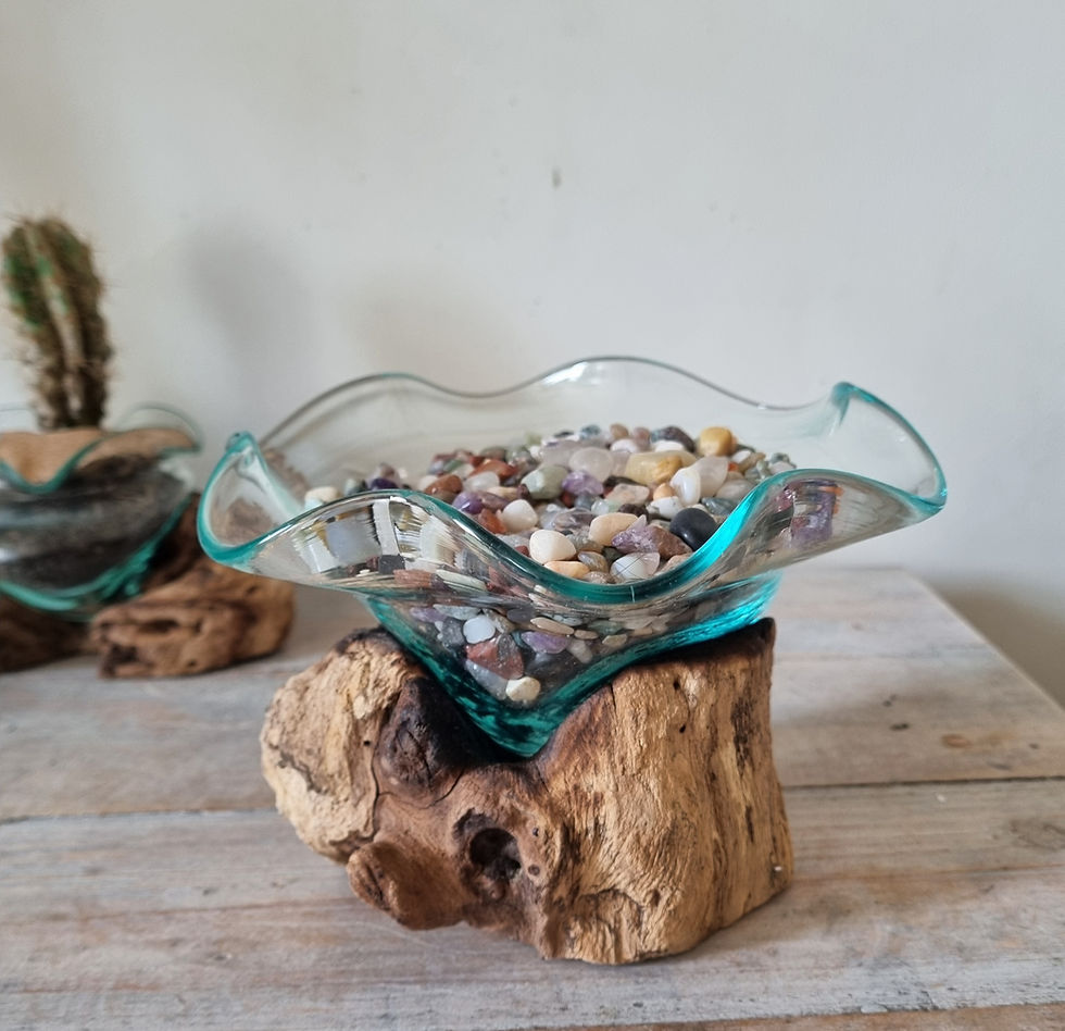 Thumbnail: melted glass on wood wavy edge bowl shown with colourful stone chippings