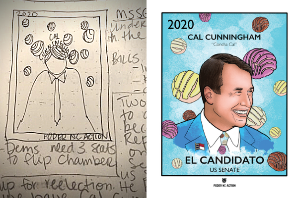 Sketch by Irene Godinez (left); Final artwork by Nikki Rodriguez (right)
