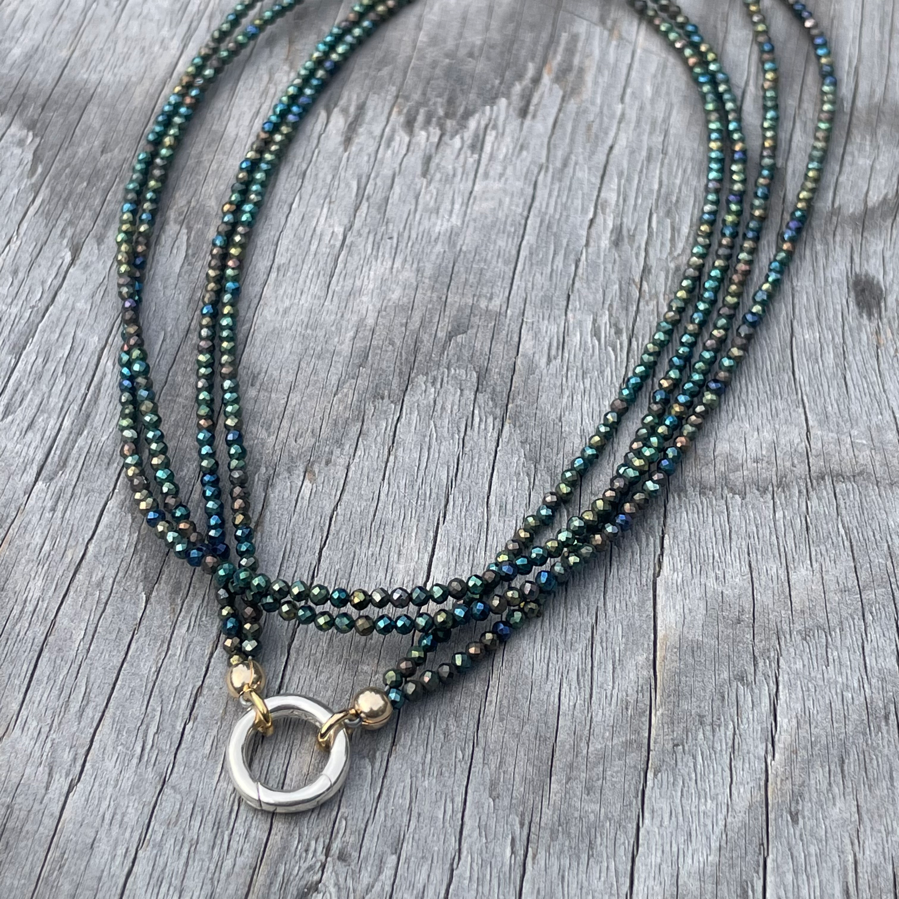 Green blue titanium coated spinel enhancer necklace