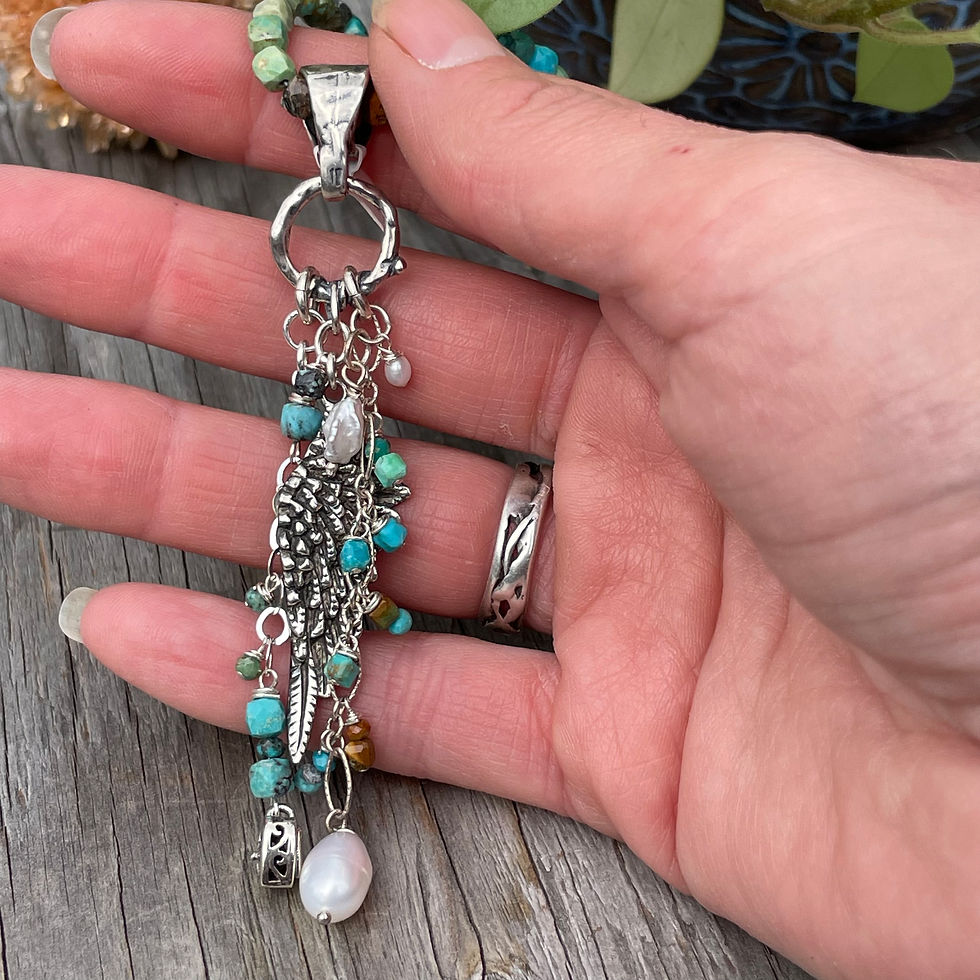 Thumbnail: GenVie Designs Turquoise and pearl "spread your wings" pendant