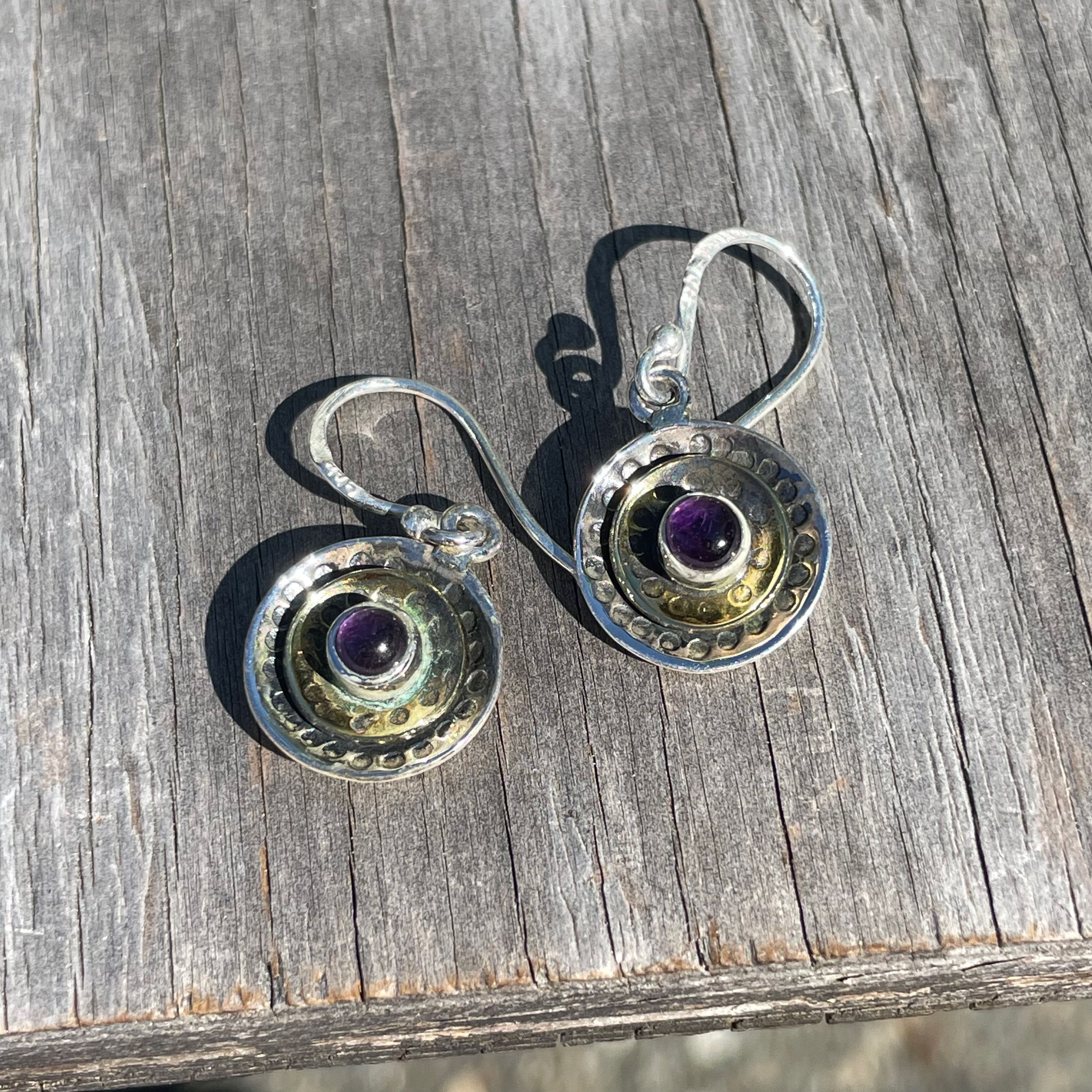 Amethyst silver and bronze round earrings 