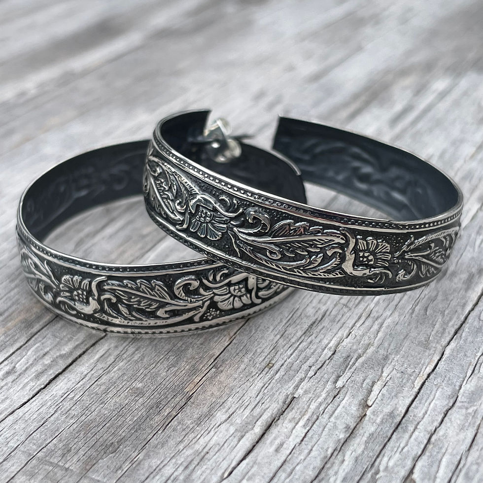 Thumbnail: Silver large oxidized floral motif hoops
