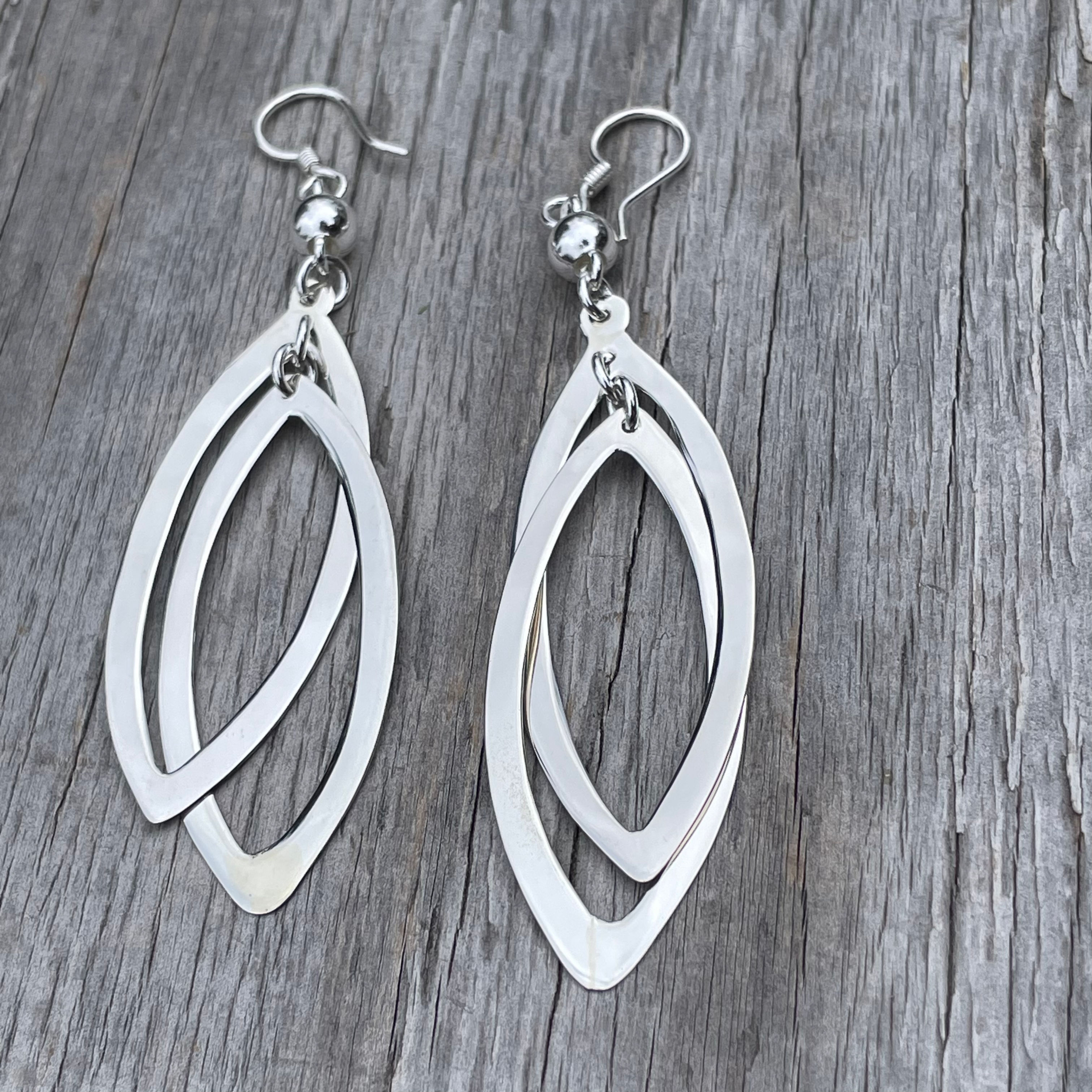 Silver double drop long marquis earrings