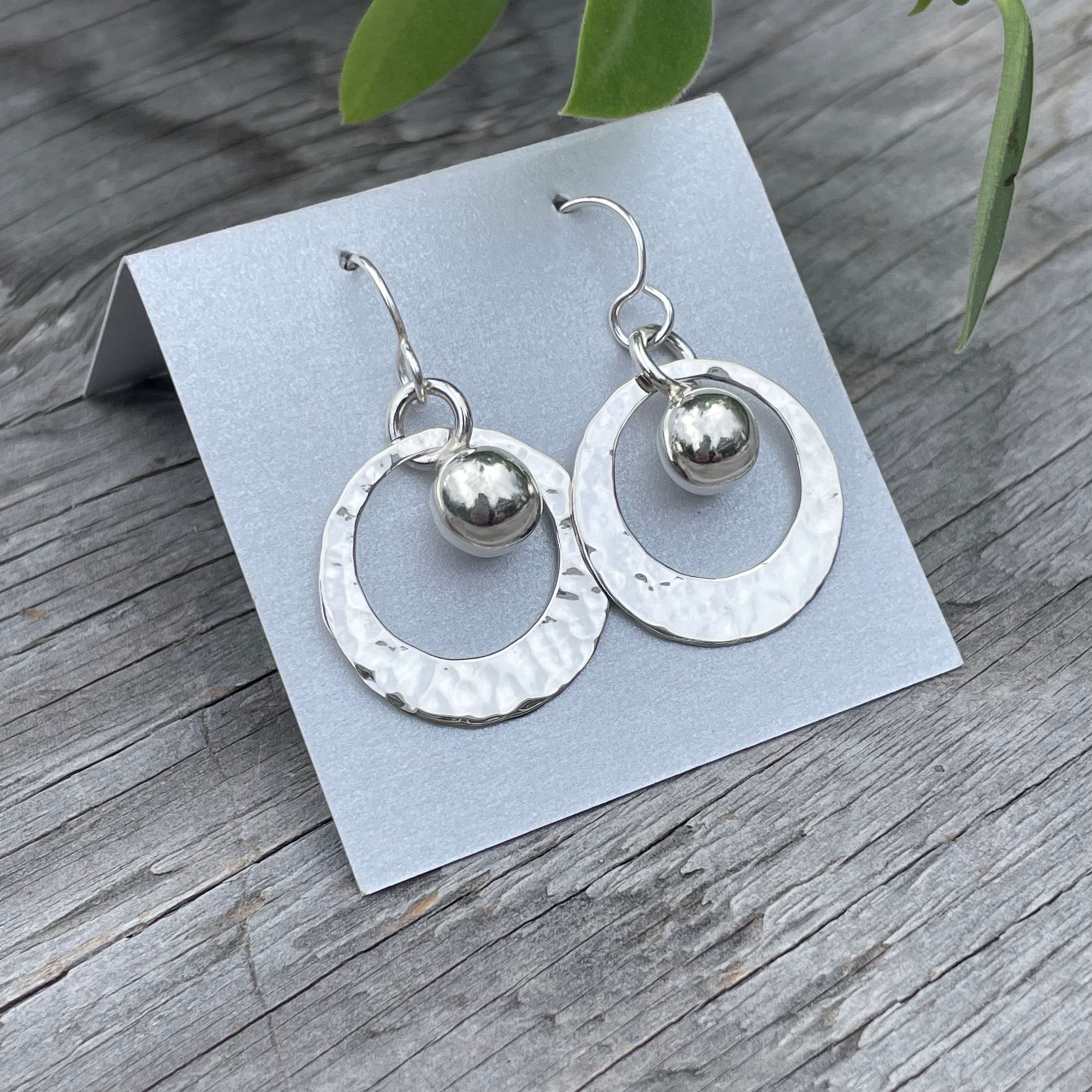 Silver hammered open circles with sphere dangle earrings