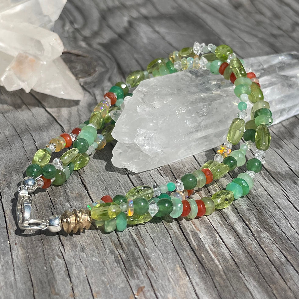 Thumbnail: GenVie Designs three strand chrysophrase, peridot and opals mixed beads bracelet