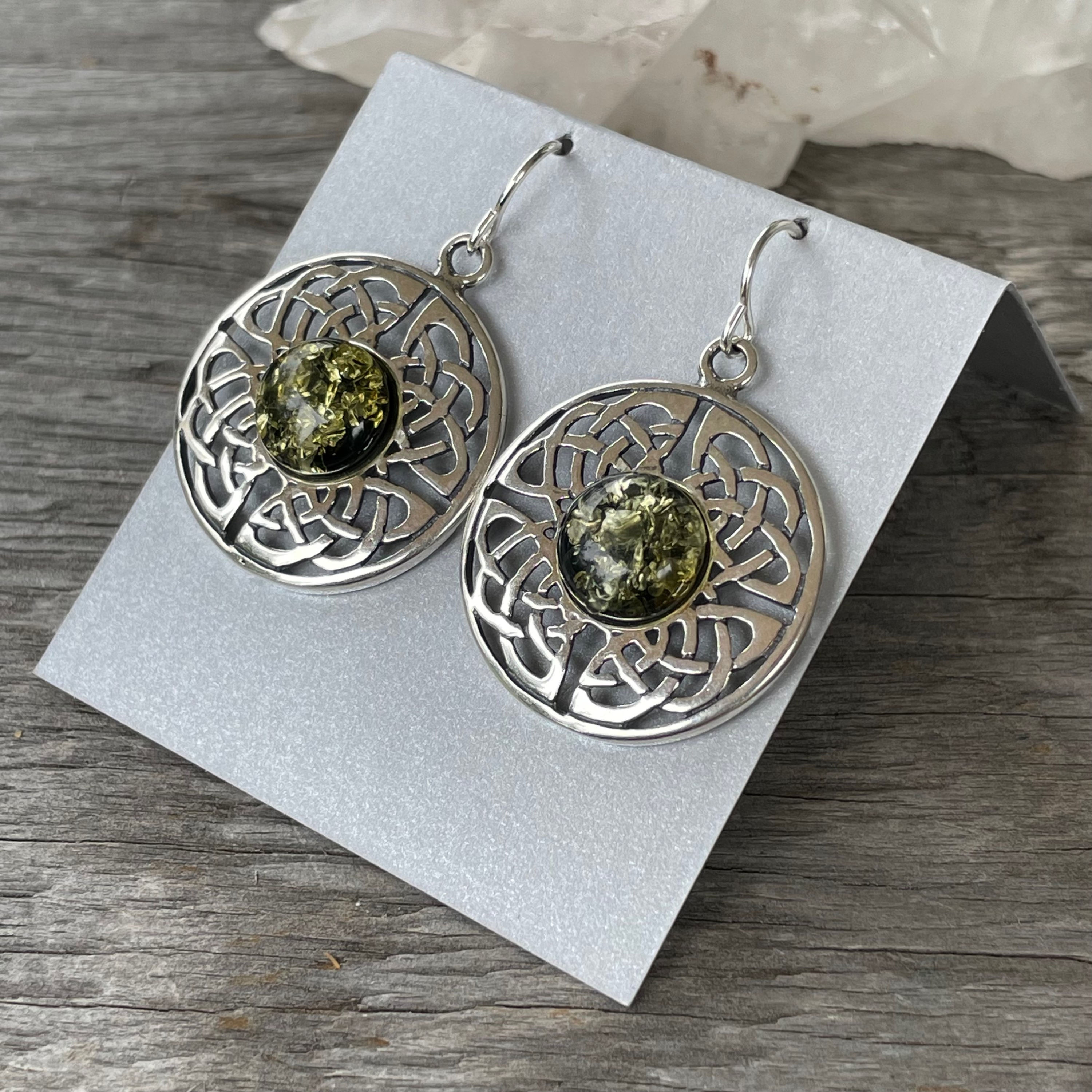 Large round celtic green amber earrings 