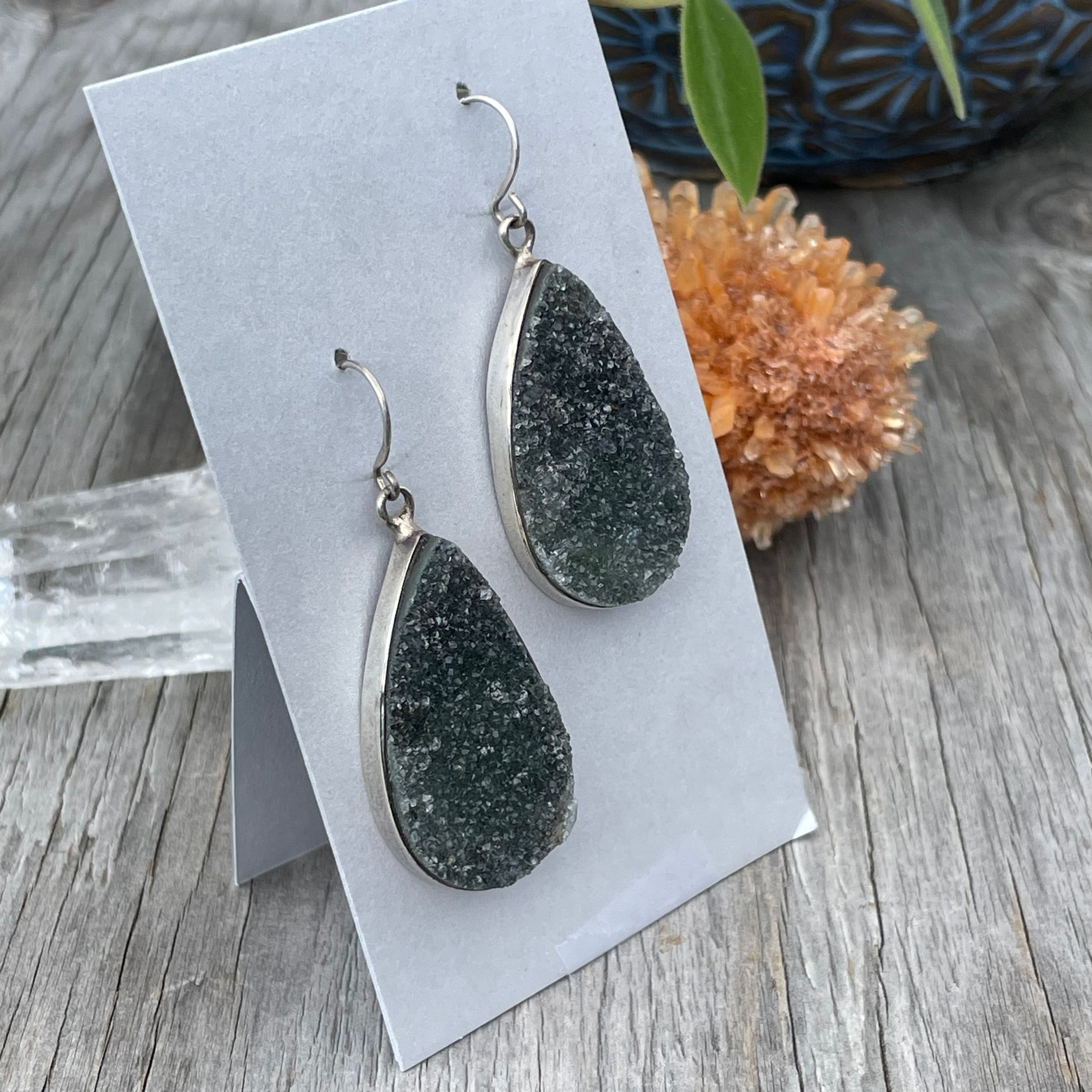 Moss green large teardrop druzy earrings