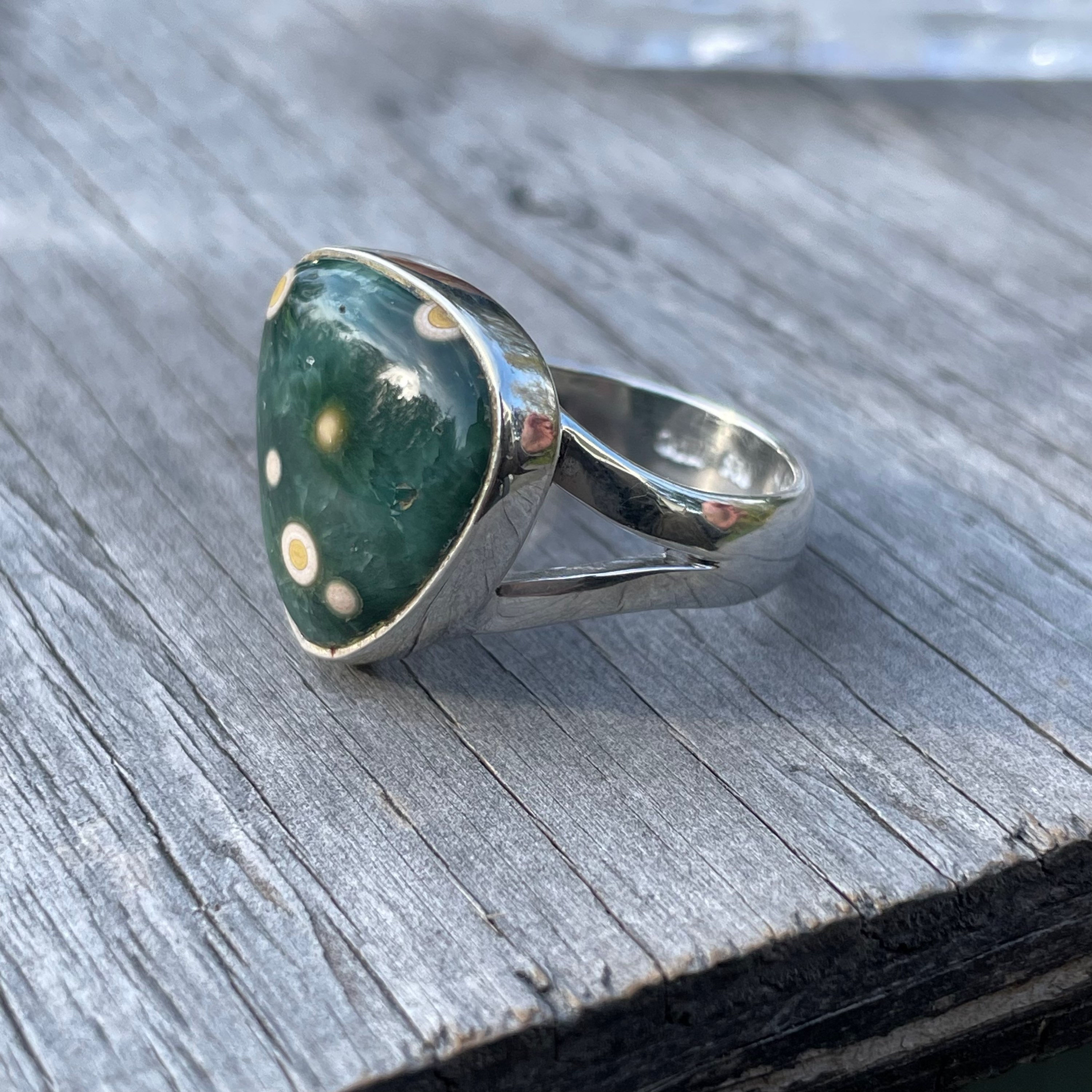 Triangle green ocean jasper ring
