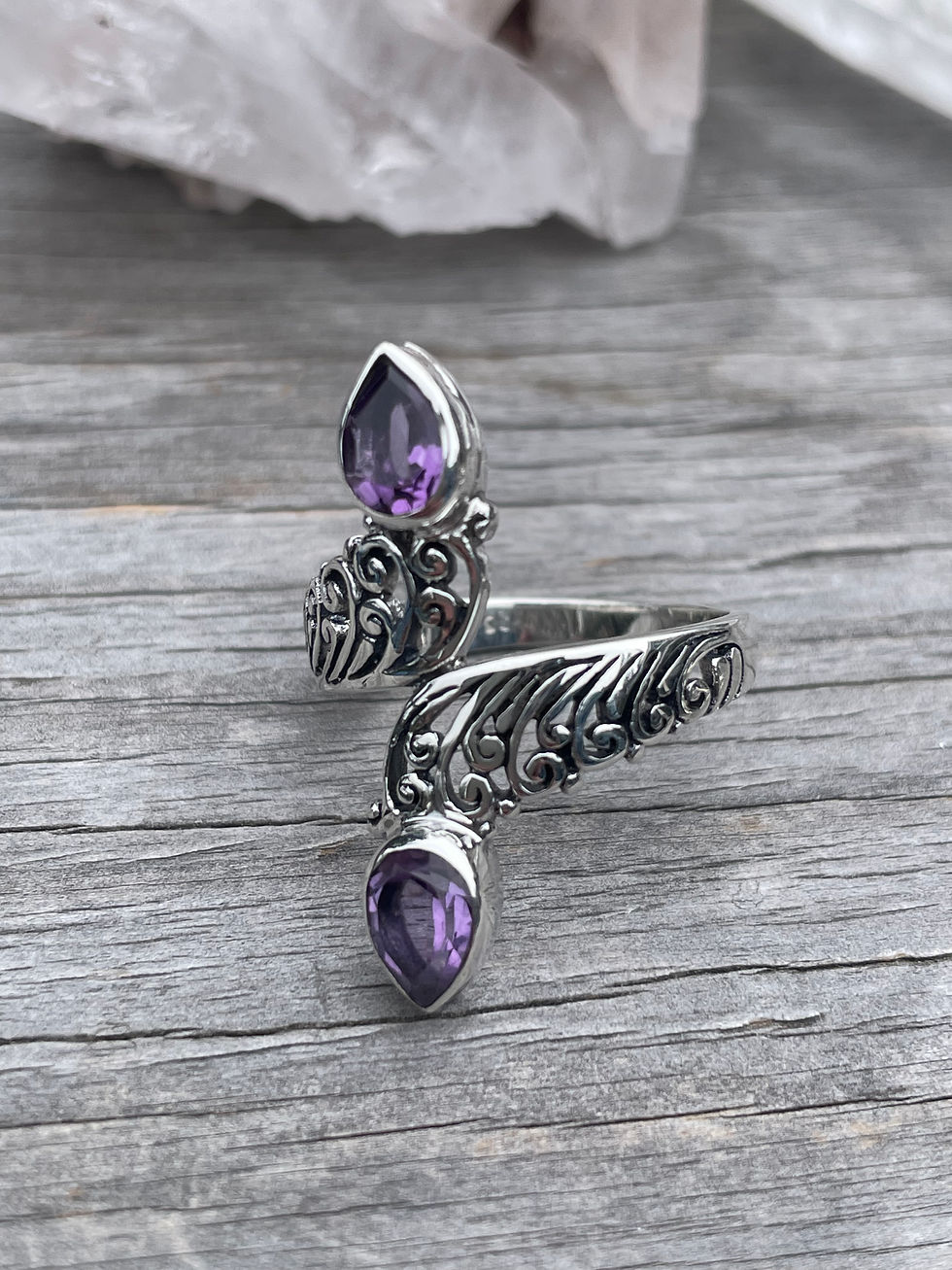 Thumbnail: Amethyst wrap style filigree detail ring