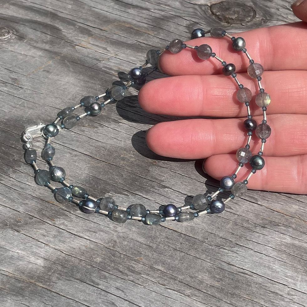 Thumbnail: GenVie Designs labradorite, blue pearls and silver wrap necklace/bracelet