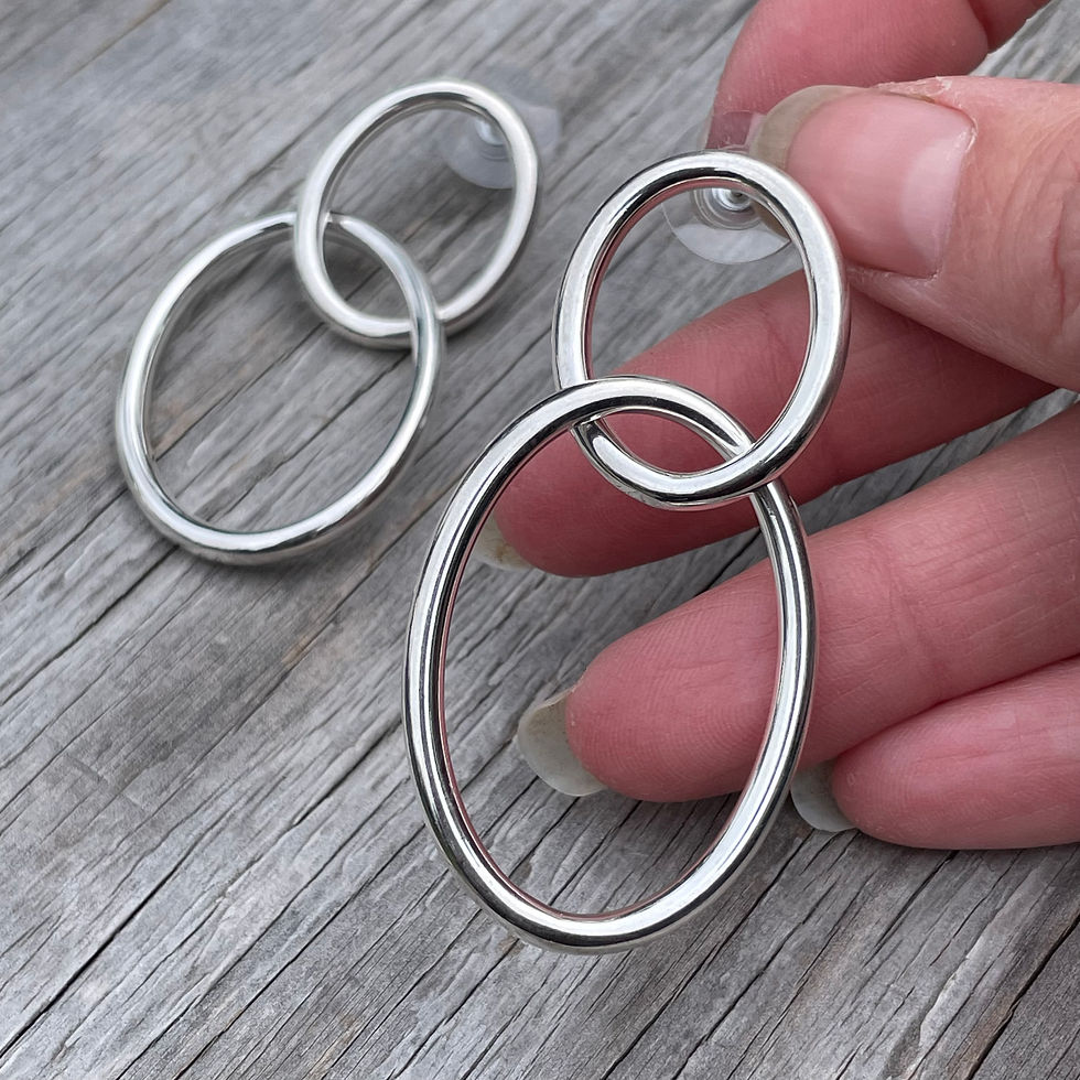 Thumbnail: Silver double oval large stud drop earrings