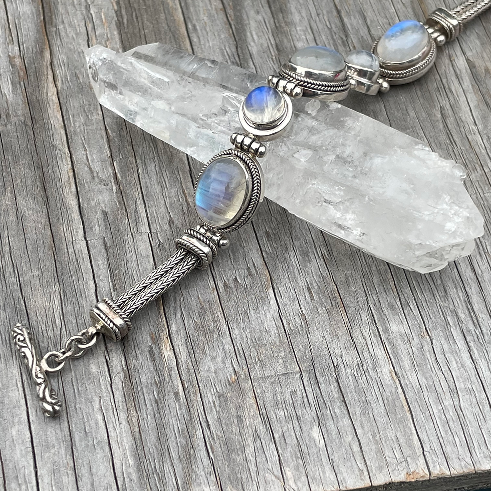 Thumbnail: Rainbow moonstone set in detailed silver setting bracelet