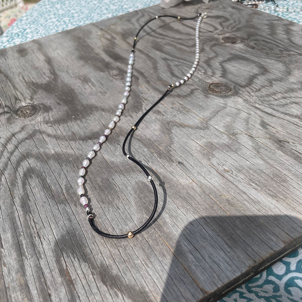 Thumbnail: GenVie Designs pearl, mixed sapphires, rubies, and leather wrap necklace/bracele