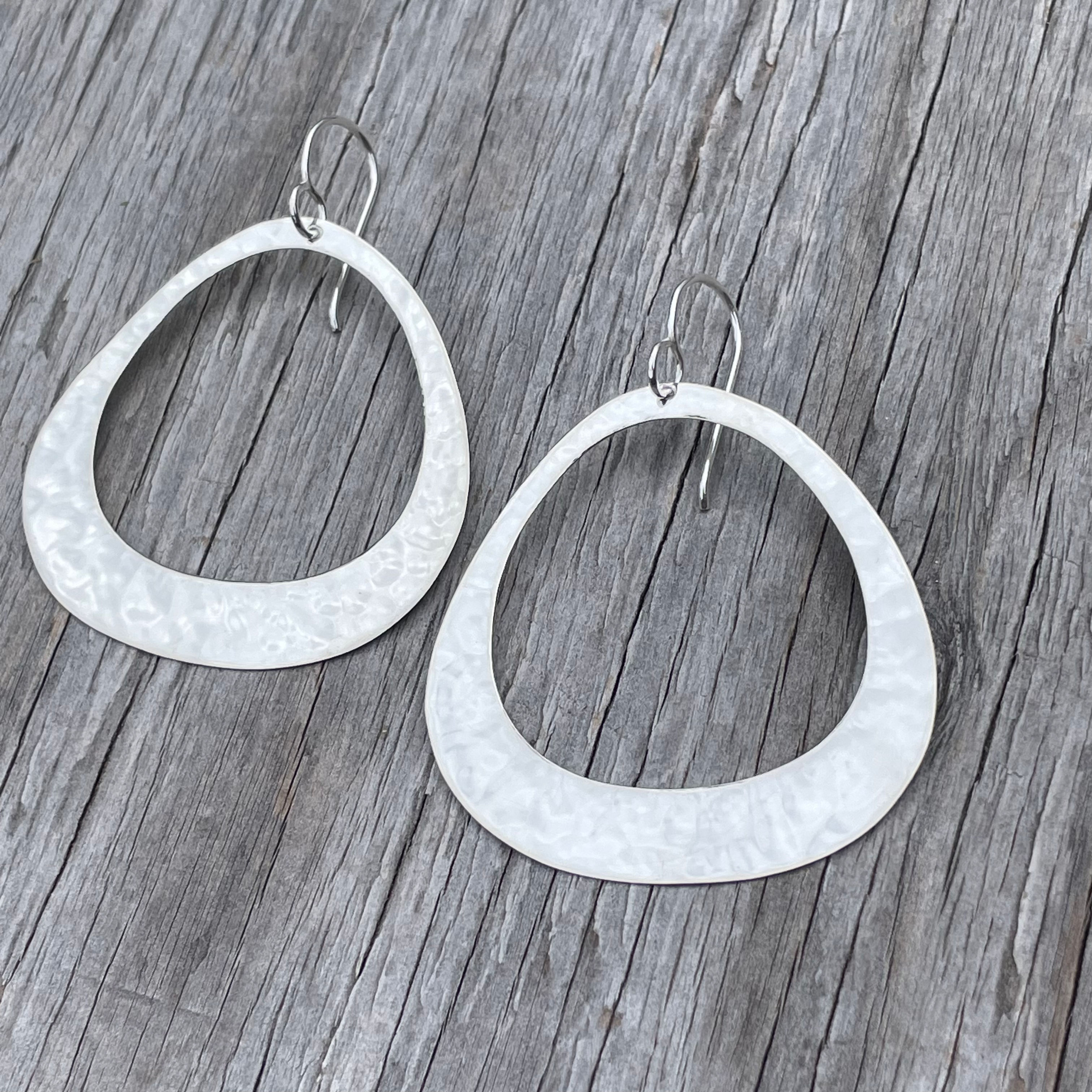 Silver hammered wide flat teardrop earrings
