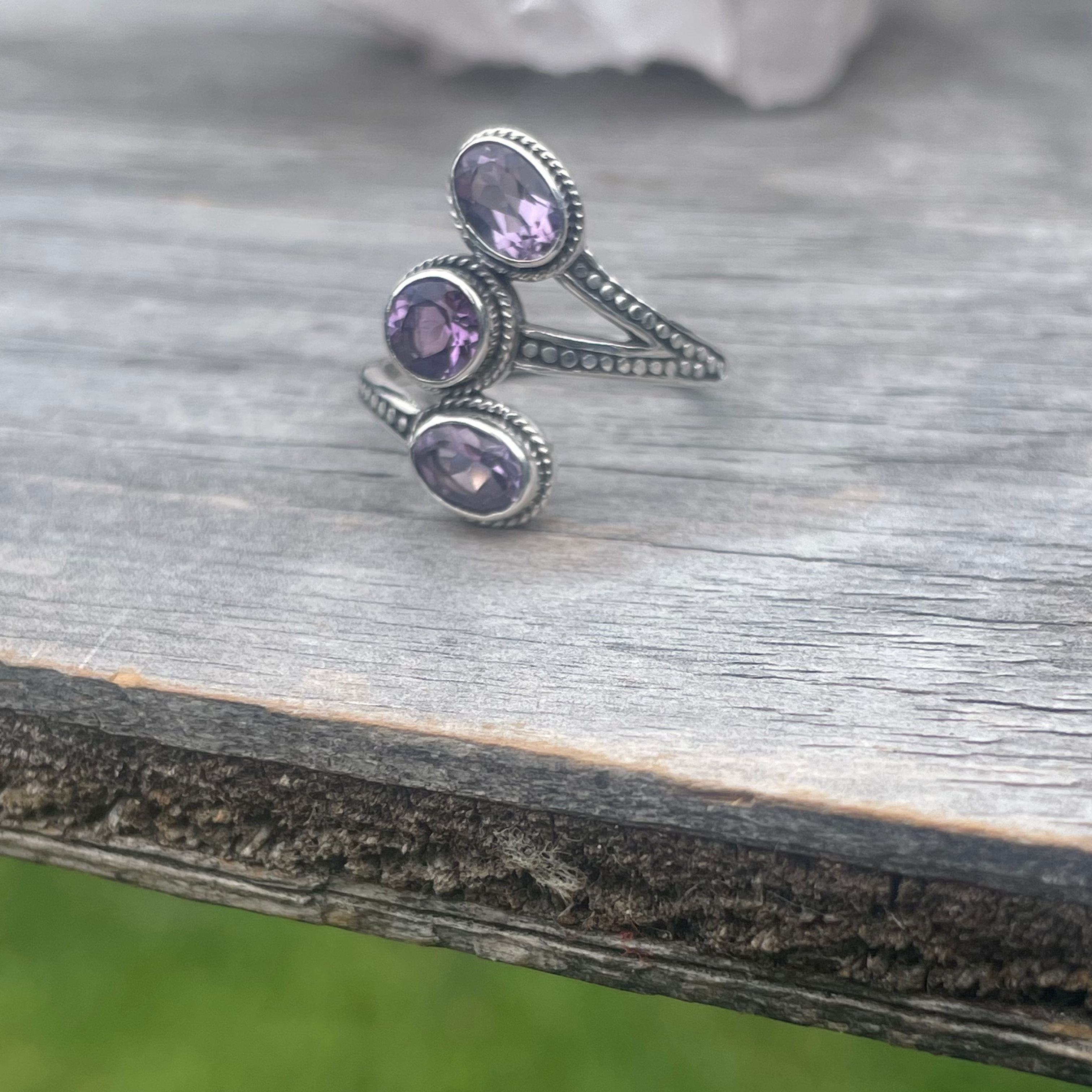 Amethyst three stone ring
