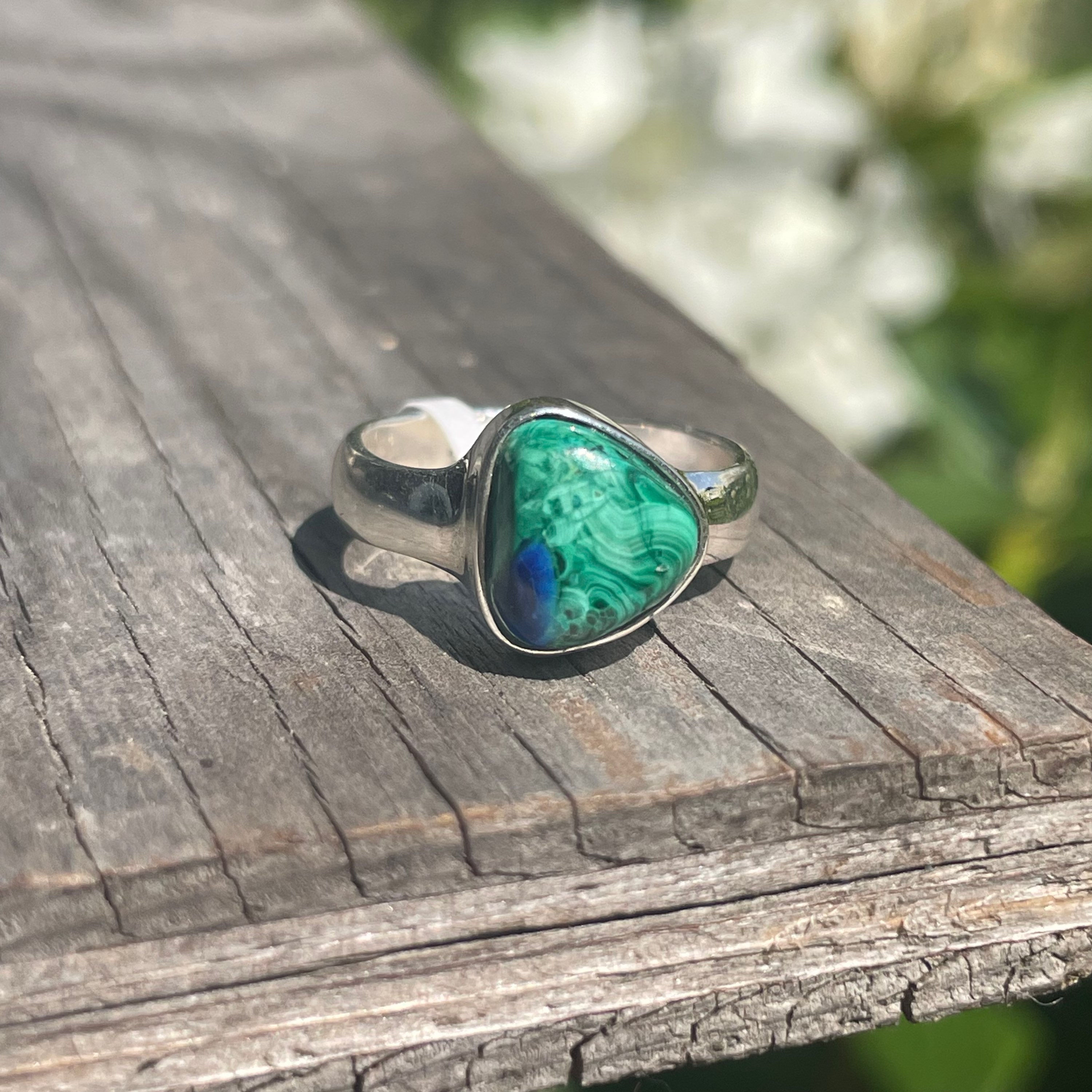 Small asymmetrical azurite malachite ring