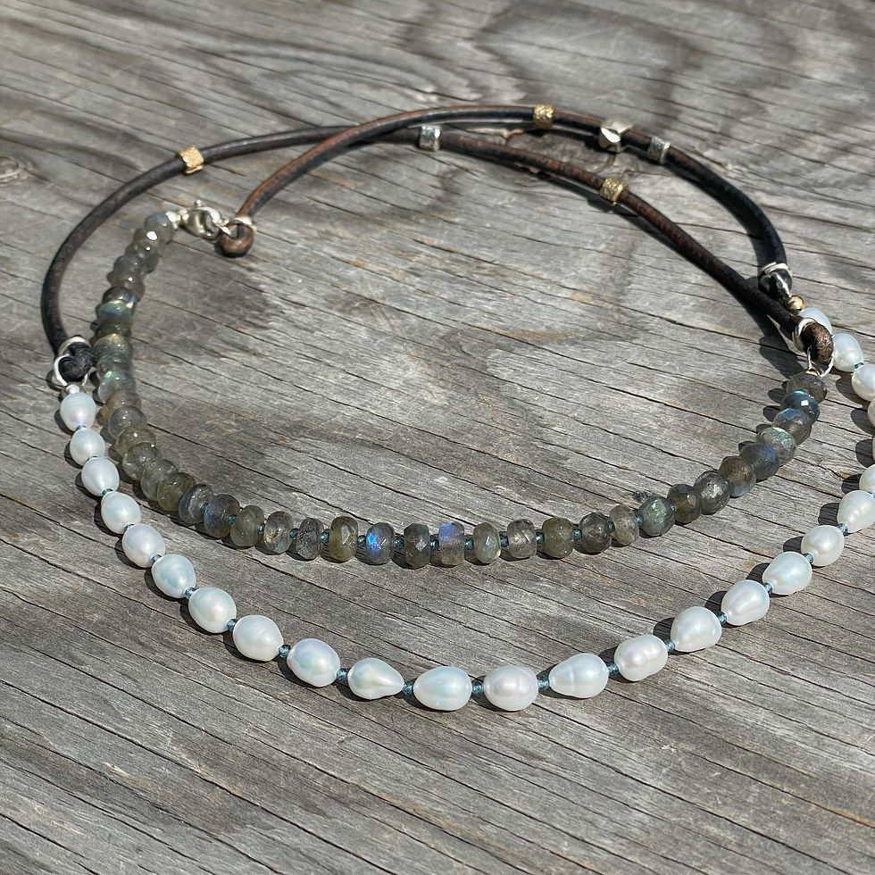 Thumbnail: GenVie Designs pearl, labradorite and leather wrap necklace/bracelet
