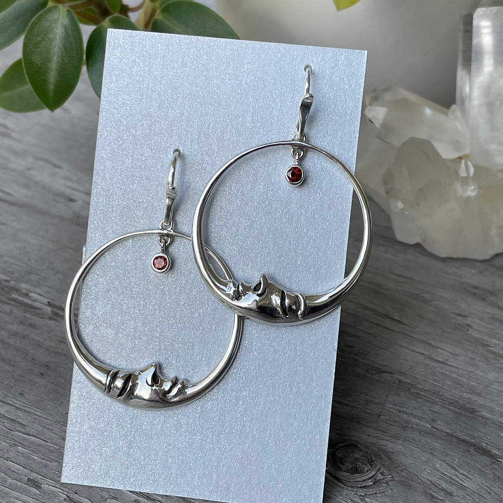 Thumbnail: Roulette 18 crescent moon with garnet earring