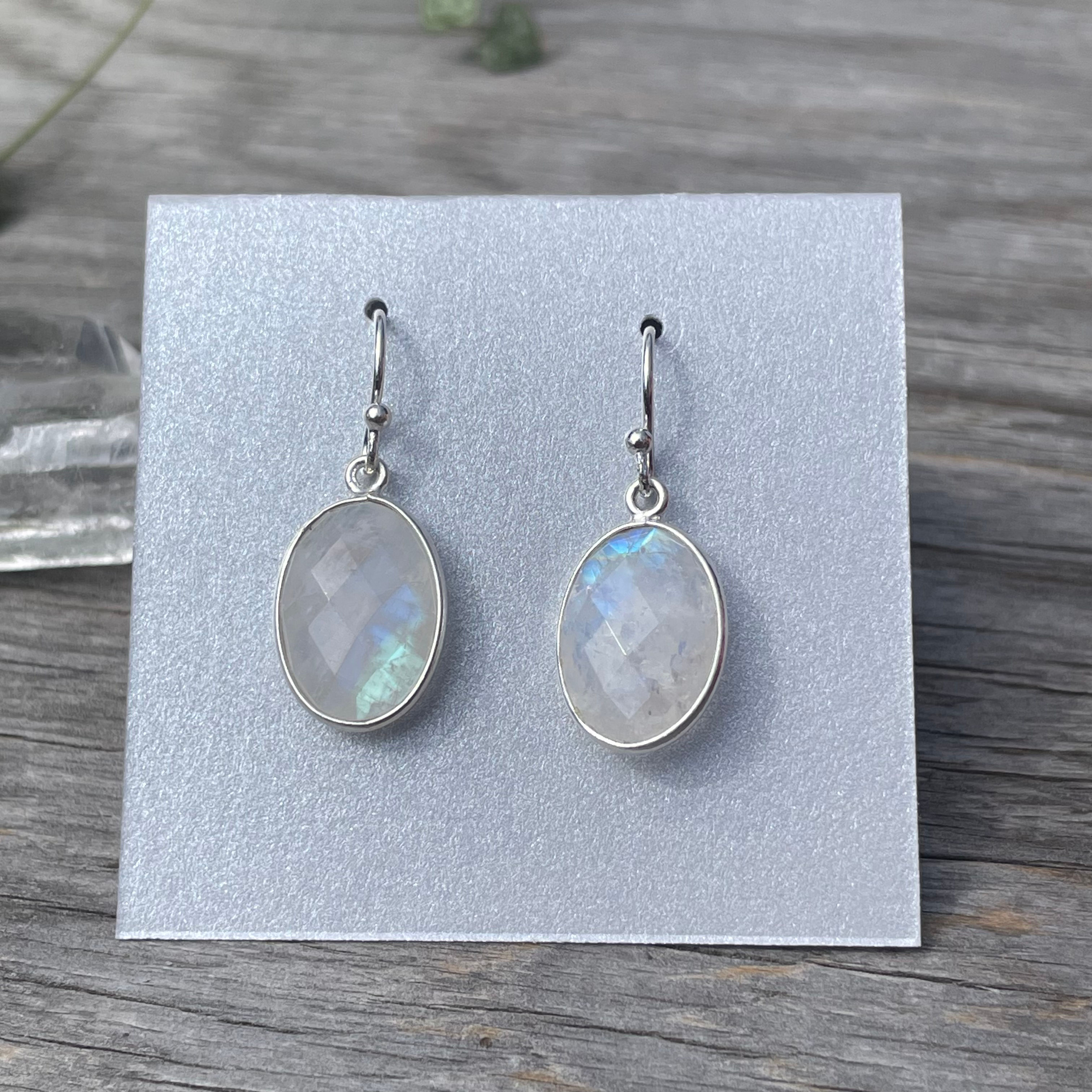 Moonstone large oval faceted earrings