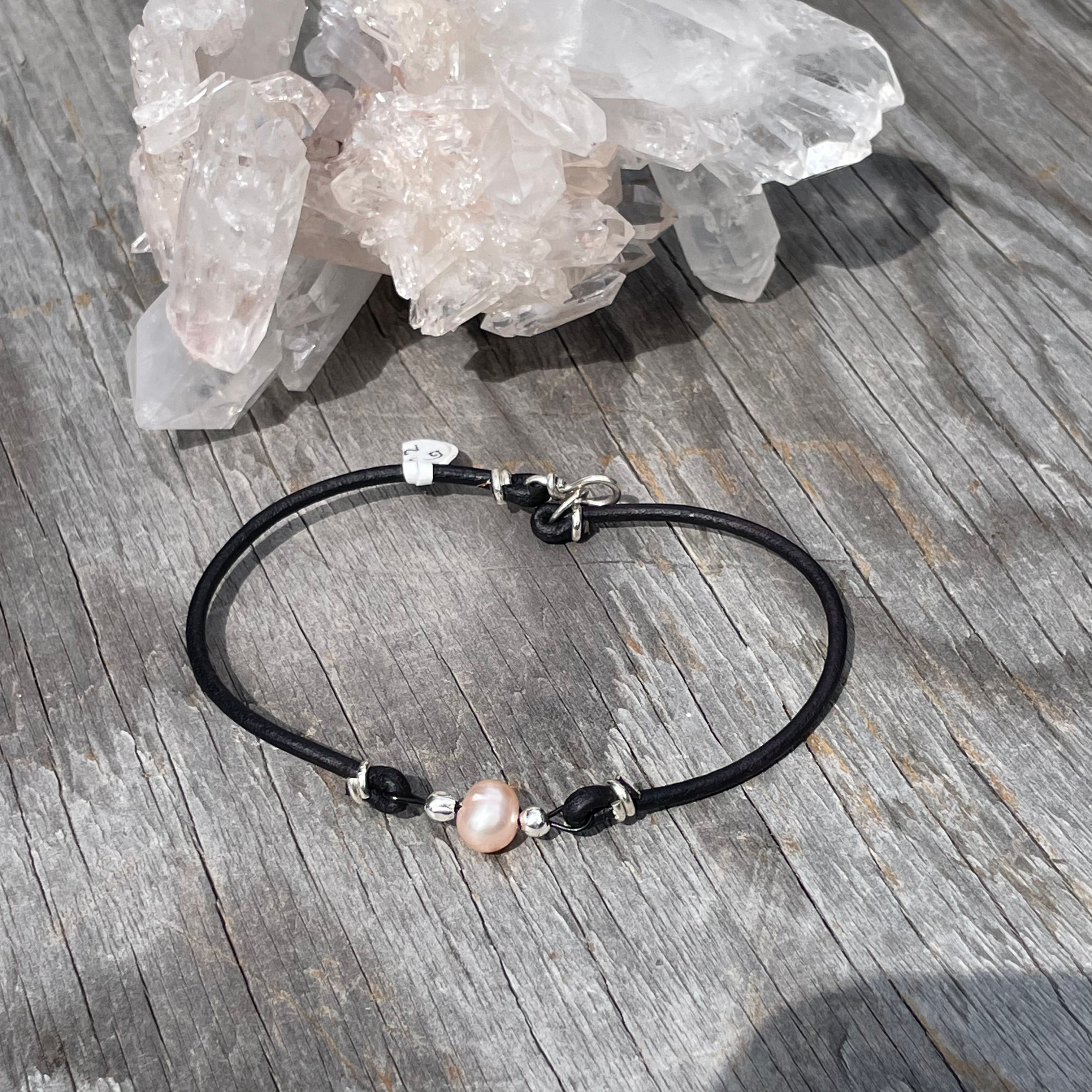 Pink Pearl and black leather bracelet