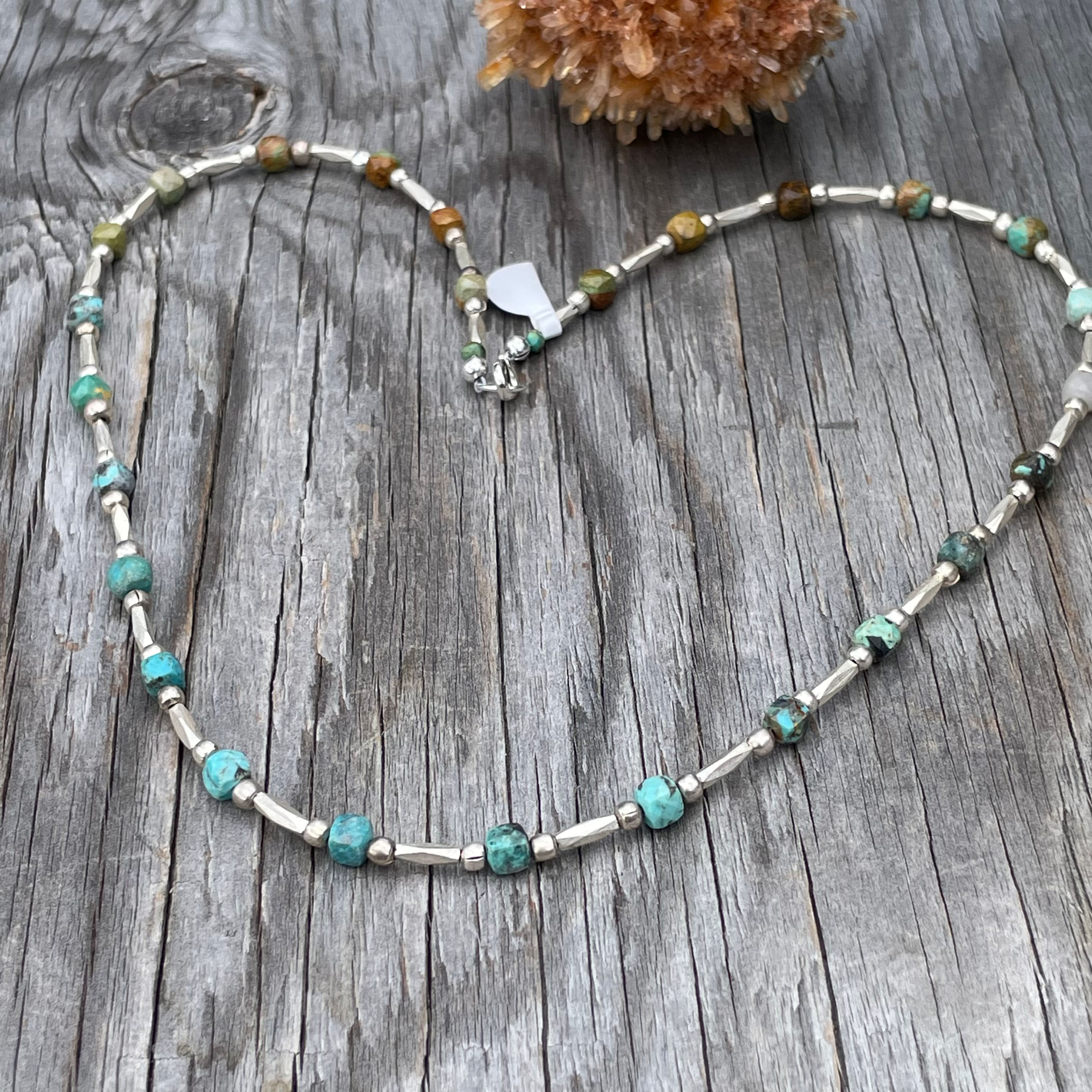 Turquoise and faceted silver beads necklace