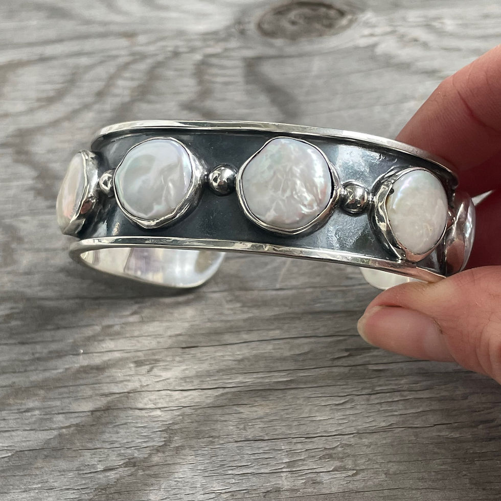 Thumbnail: Oxidized silver pearl cuff bracelet
