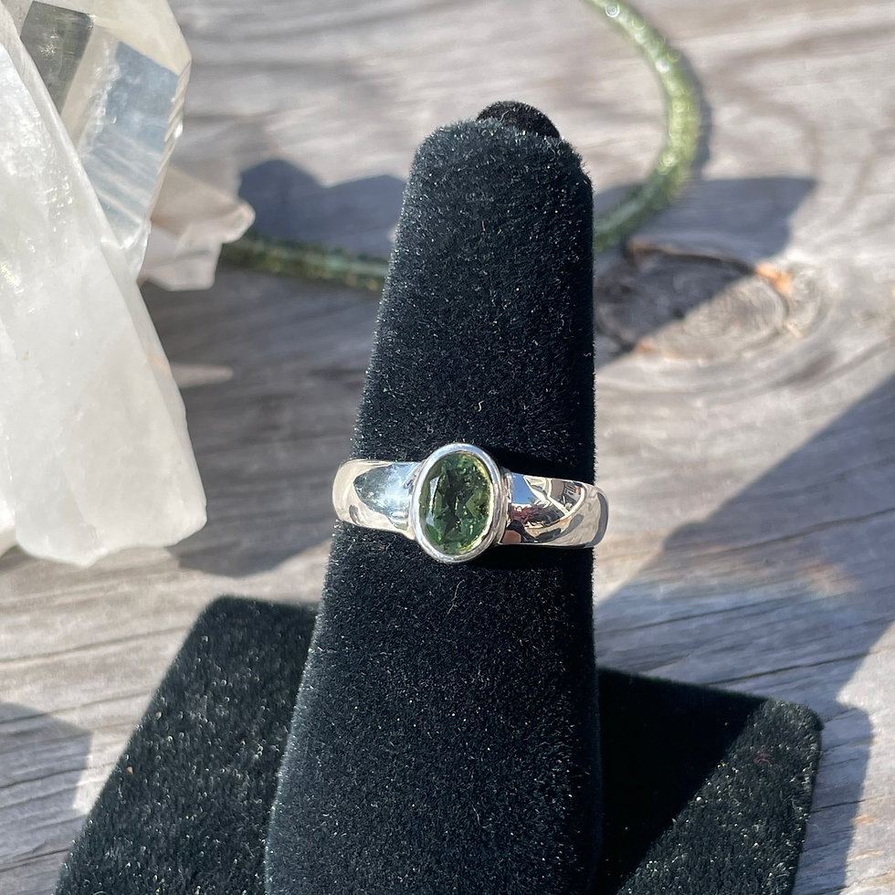 Thumbnail: Skinny oval faceted Moldavite ring 