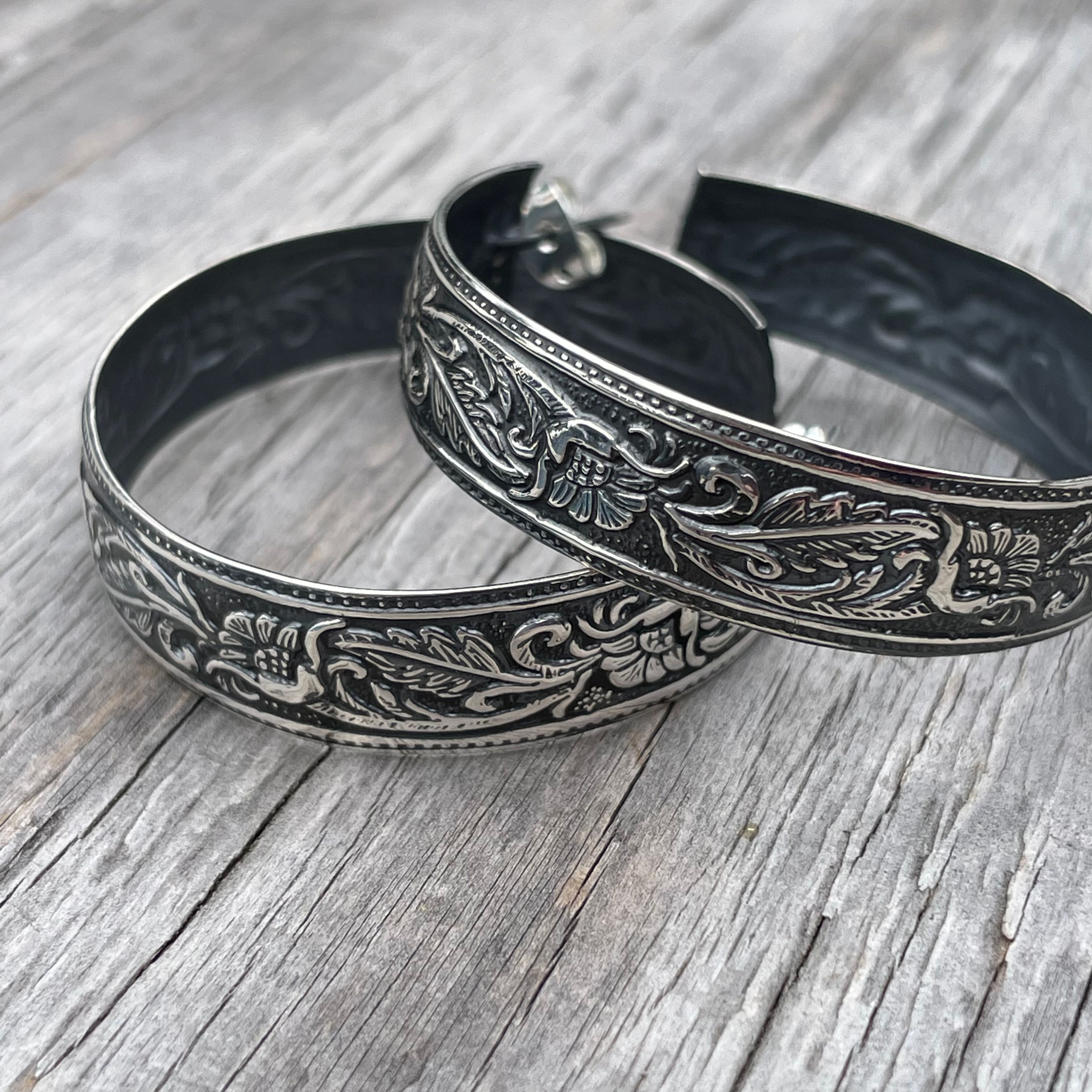 Silver large oxidized floral motif hoops