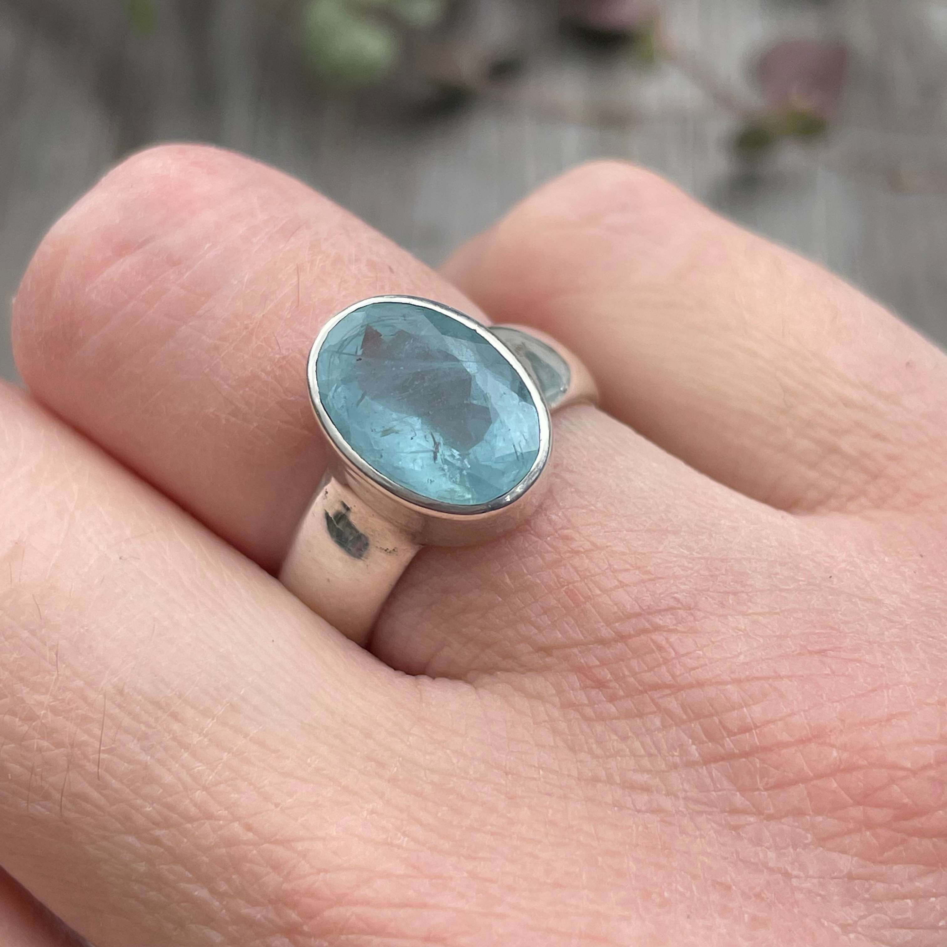 Oval light blue aquamarine ring