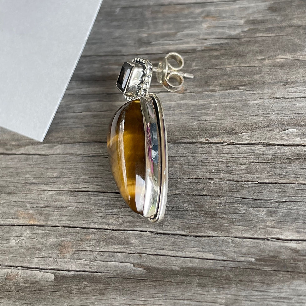 Thumbnail: Tigers eye and smokey quartz stud drop earrings