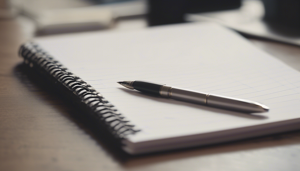 A close up image of an open note pad with a pen resting on it.