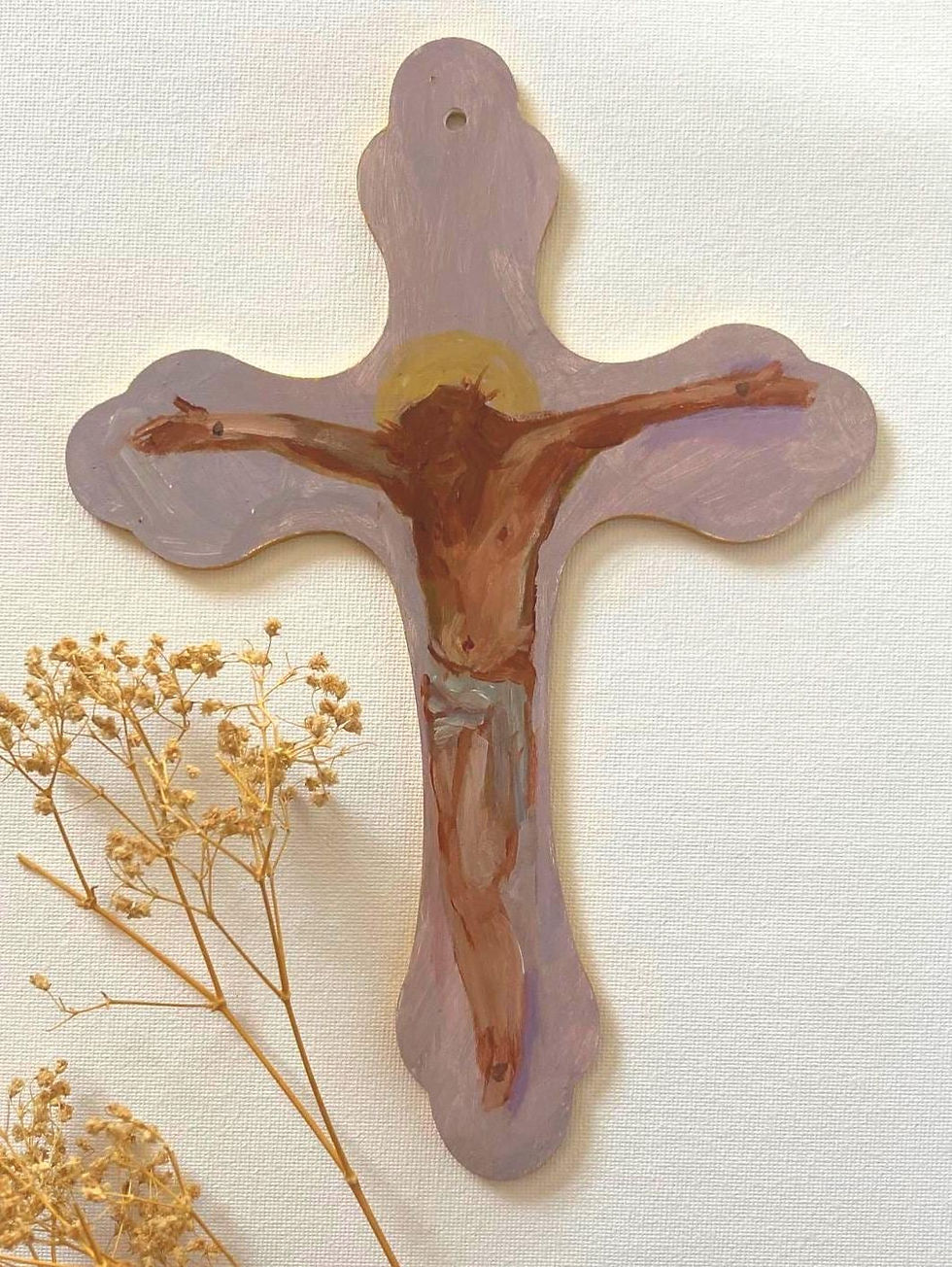 Original Hand Painted Crucifix, Dawn, Pastel Colors, 9.25in