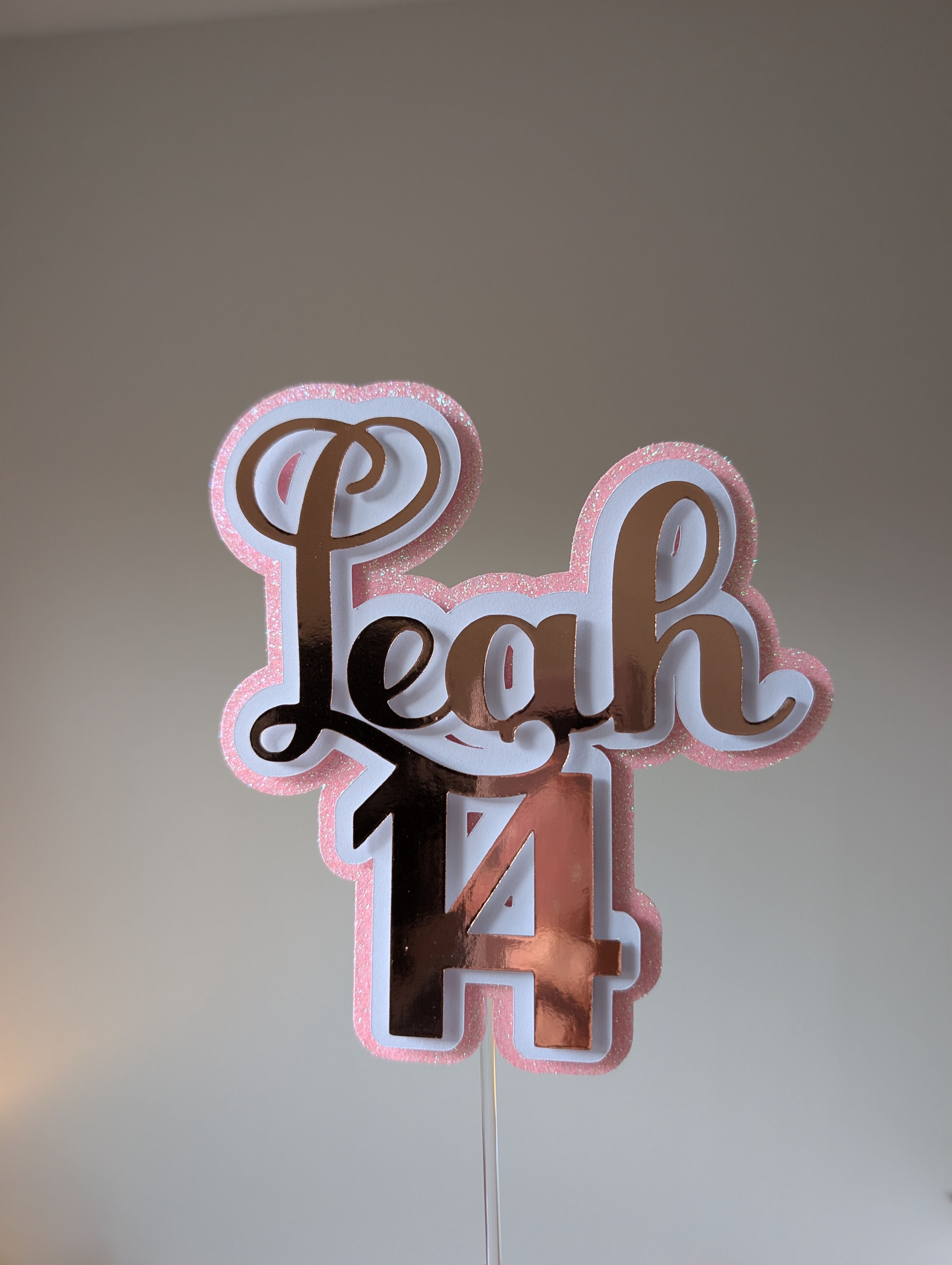 Pink and rose gold 3 layer card cake topper 6 inch wide 