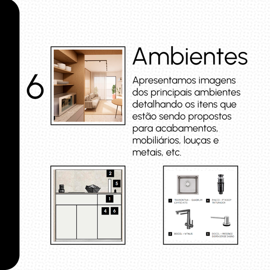 Imagens dos ambientes indicando os mobiliarios e acabamentos 