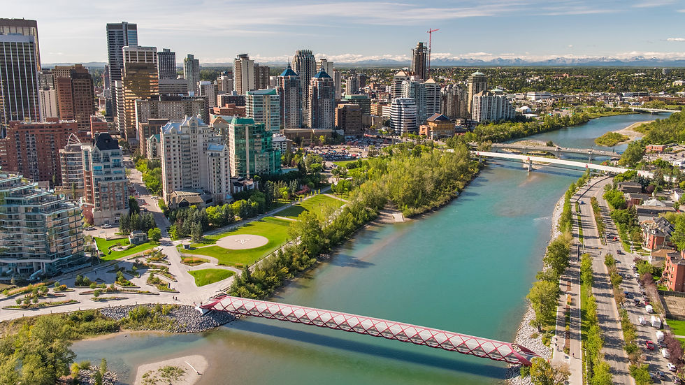 Vue aérienne sur la ville de Calgary au bord de la rivière Bow