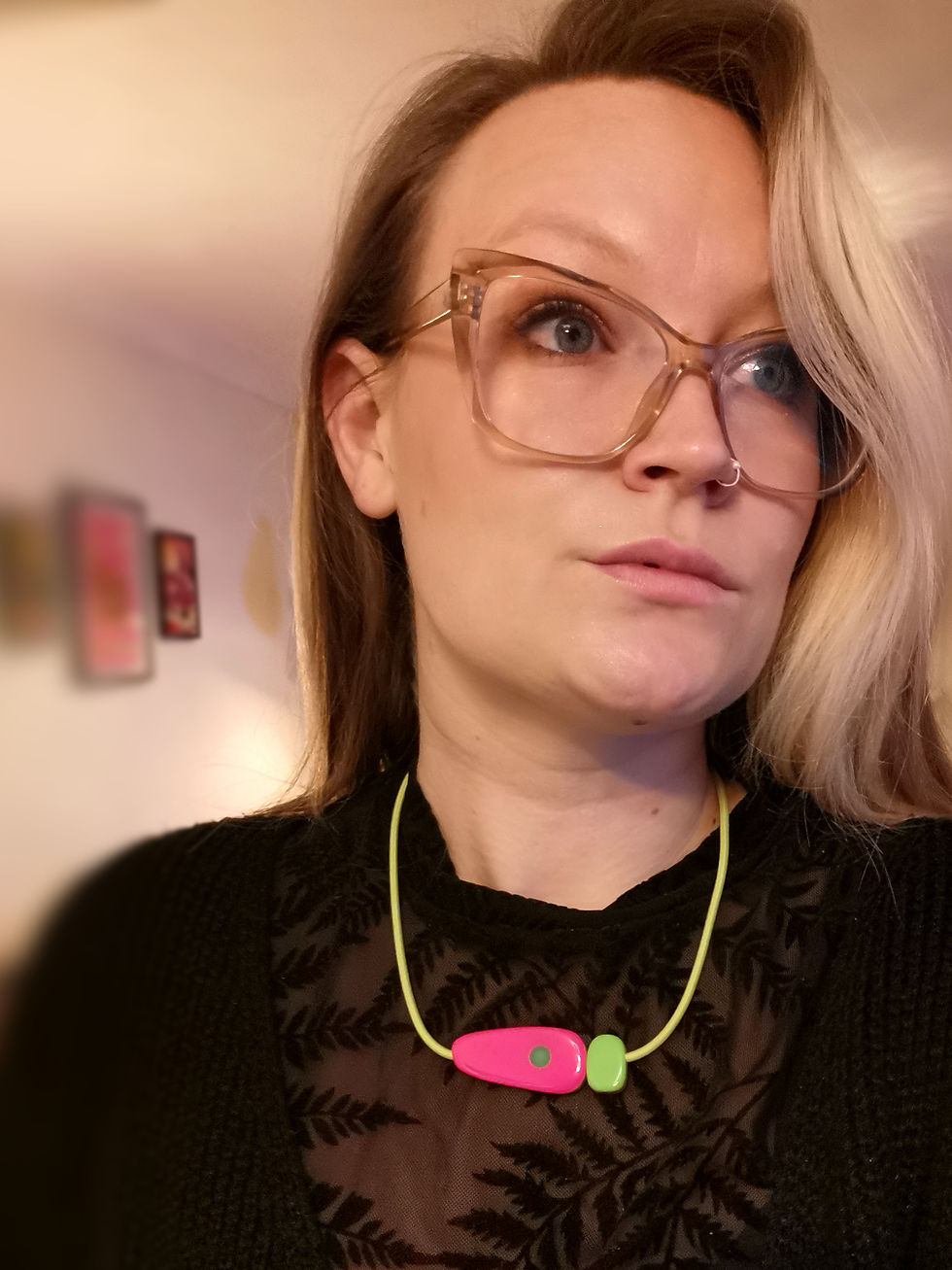 Thumbnail: LIME GREEN  &  NEON PINK POLKA ELASTIC NECKLACE