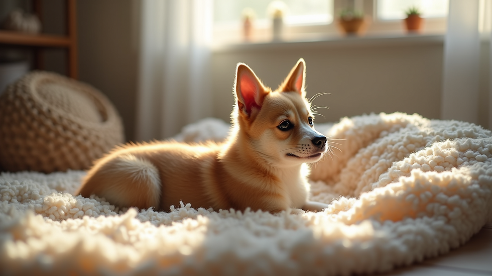 Wide angle view of a cozy pet corner with soft bedding
