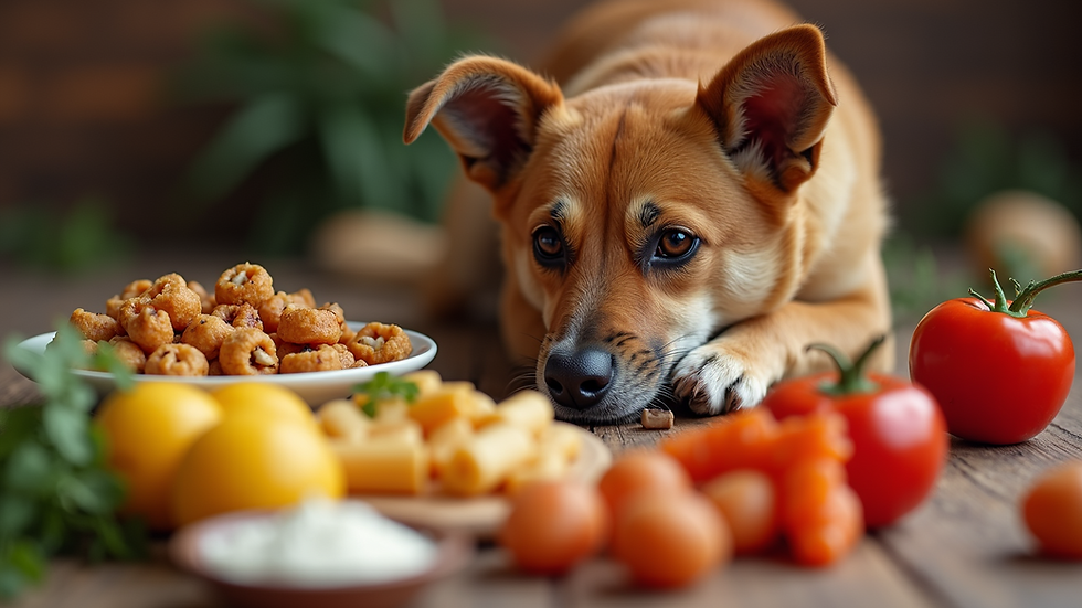 Close-up view of a variety of harmful foods for dogs