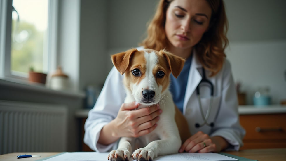 Close-up view of a veterinarian examining a dog in a home setting