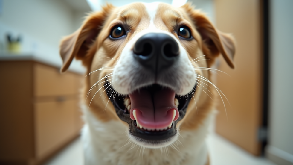 Eye-level view of a dog with a clean and healthy smile