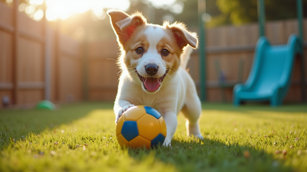Close-up view of a happy dog playing with a ball in a pet boarding play area