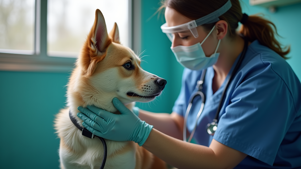 Close-up view of a veterinarian examining a dog inside a mobile vet clinic