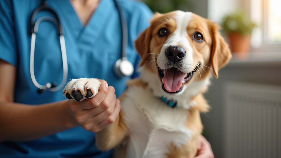 Close-up view of a pet owner holding a dog’s paw during a home vet visit